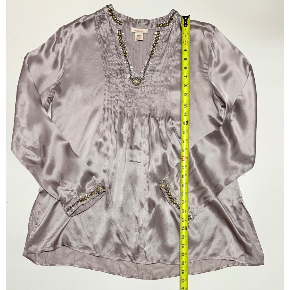Sundance Womens Silk Tunic Blouse Large Lavender Beaded Sequin V-Neck Pleated L